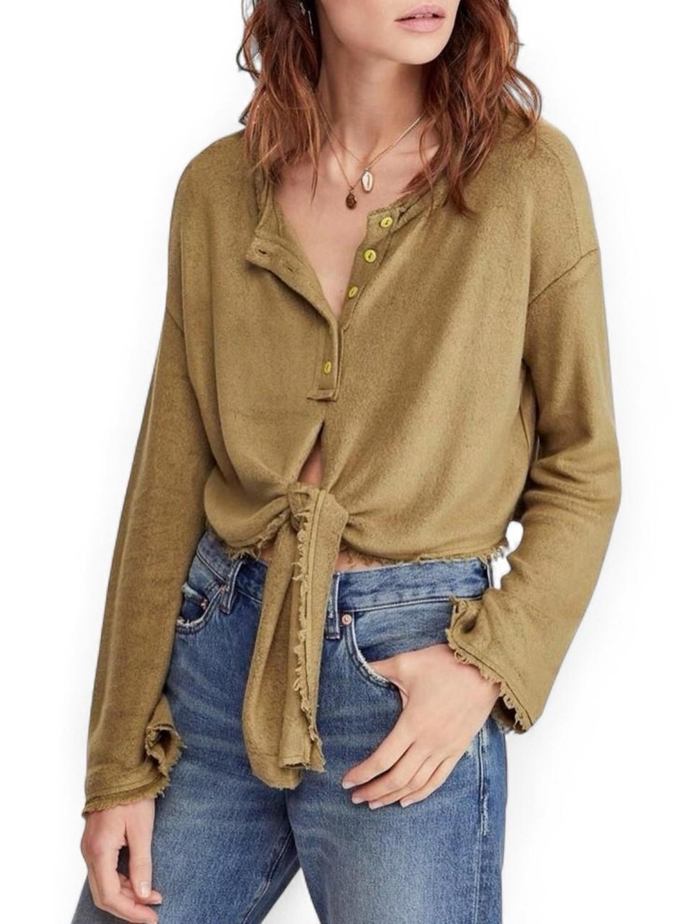Free People Emma's Henley Olive Green Tie Front Boho Crop Top Large Textured